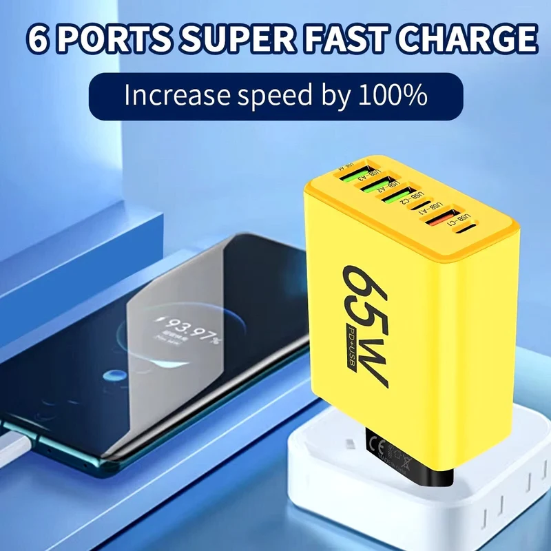 6-Fach Schnell Ladegerät Stecker 6 x USB Port 65W Netzteil Adapter Handy Tablet
