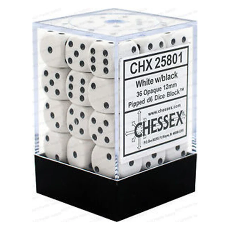 Chessex D6 Dice Opaque 12mm White/Black 36pcs