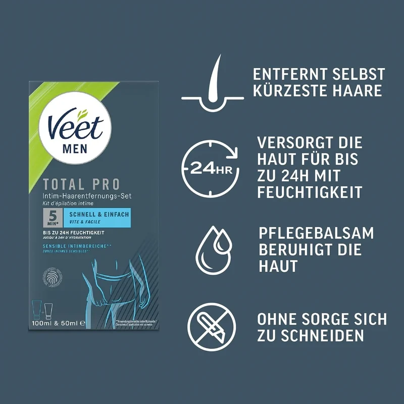 Veet Men Intim Haarentfernungs-Set – 100 ml Enthaarungscreme & 50 ml Pflegebalsam mit Aloe Vera