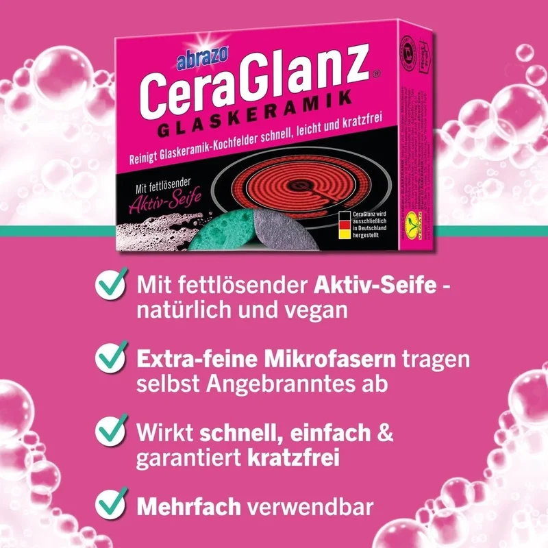 abrazo CeraGlanz Glaskeramik-Reiniger 2 Stück – Reinigungskissen für Kochfeld, Herd & Glasflächen