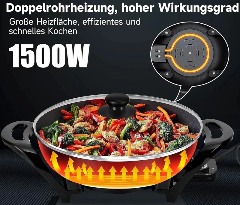 1500W Elektropfanne XXL Multipfanne Partypfanne Elektrisch Pfanne mit Glasdeckel