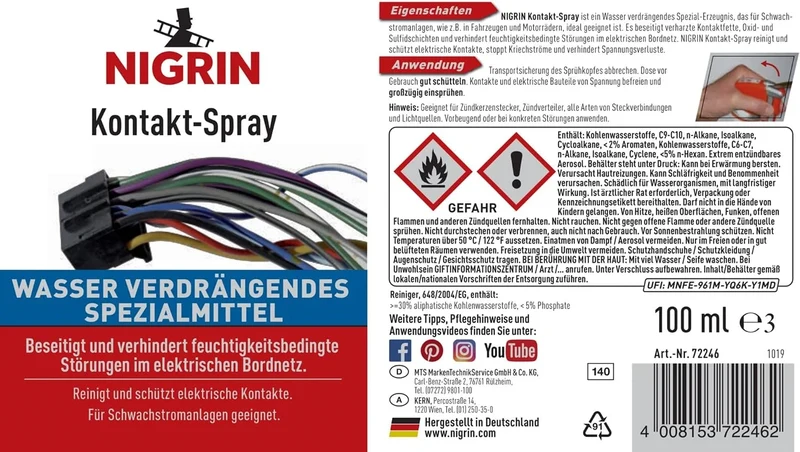 NIGRIN Kontakt-Spray 100 ml – Kontaktreiniger und Schutzspray für elektrische Kontakte bis 50 V