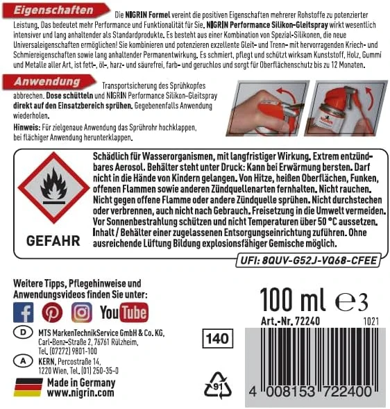 NIGRIN HyBrid Silikon-Gleitspray 100 ml – Schmiermittel für Kunststoff, Gummi, Holz und Metall