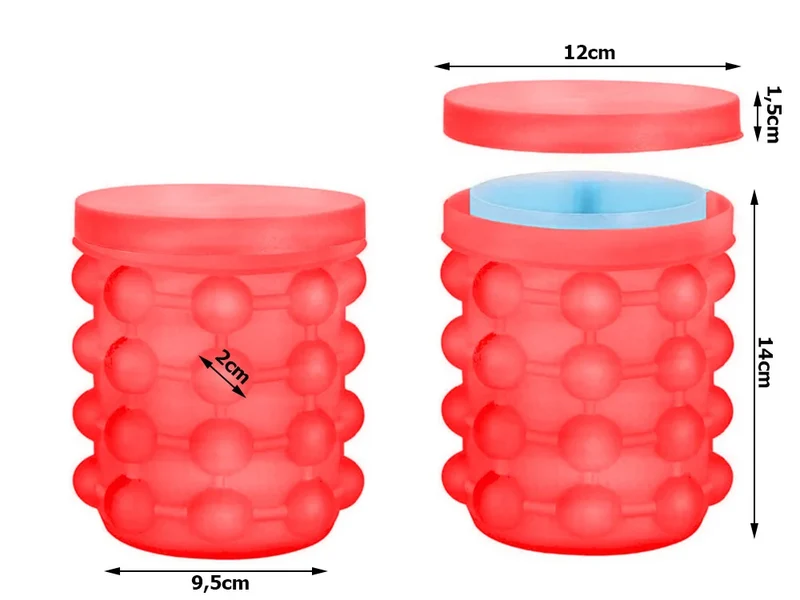 Silikon Eiswürfelform mit Behälter – Eiseimer für bis zu 32 Eiswürfel mit Deckel, Rot