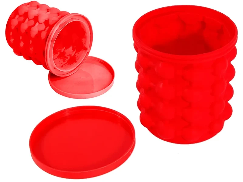 Silikon Eiswürfelform mit Behälter – Eiseimer für bis zu 32 Eiswürfel mit Deckel, Rot