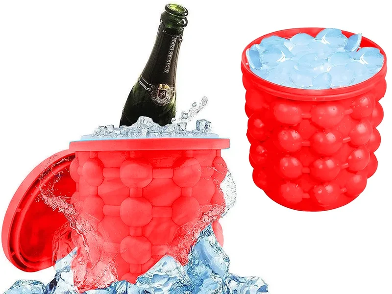 Silikon Eiswürfelform mit Behälter – Eiseimer für bis zu 32 Eiswürfel mit Deckel, Rot