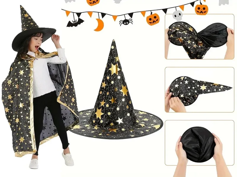 Halloween Zauberer Kostüm Magier Umhang mit Hut Sterne Karneval Verkleidung