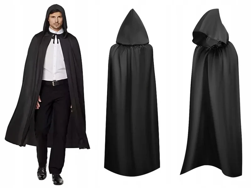 Halloween Umhang Schwarz mit Kapuze 120cm Cape Kostüm Vampir Hexe Verkleidung