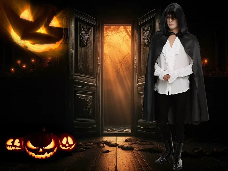 Halloween Umhang Schwarz mit Kapuze 120cm Cape Kostüm Vampir Hexe Verkleidung