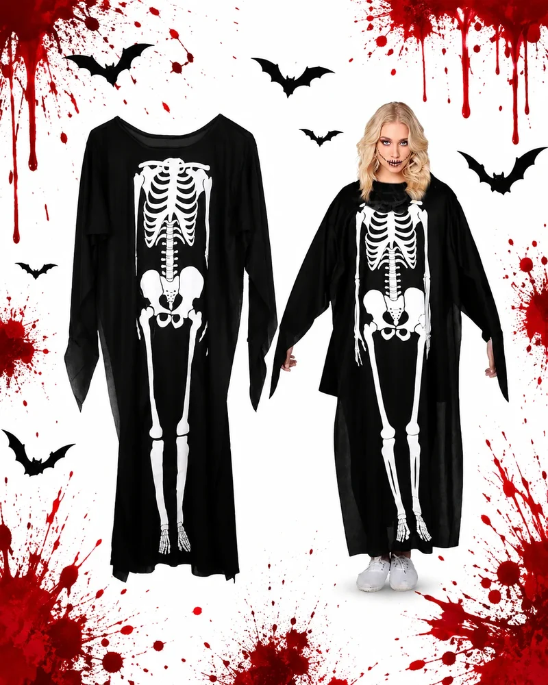 Skelett Kostüm Damen & Kinder Halloween Jumpsuit Cosplay Karneval Verkleidung