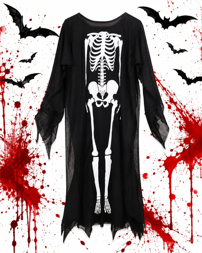 Skelett Kostüm Halloween Schwarz Langarm Verkleidung Karneval Universal