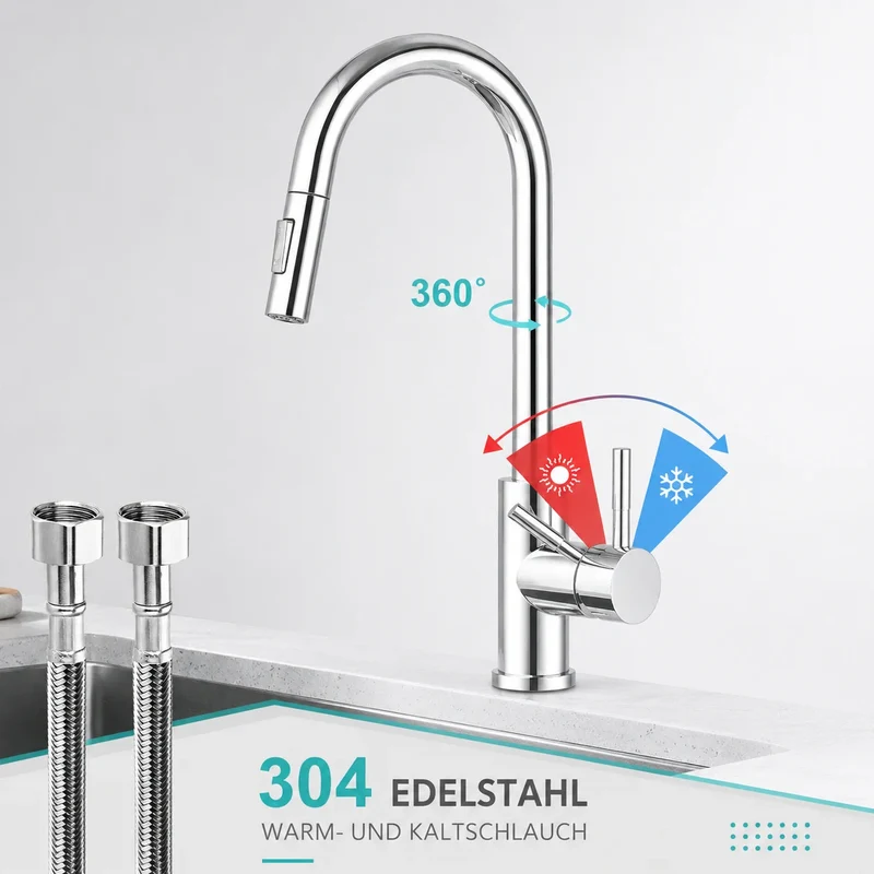 Küchenarmatur Ausziehbar 360° Schwenkbar Spültischarmatur Edelstahl Brausekopf