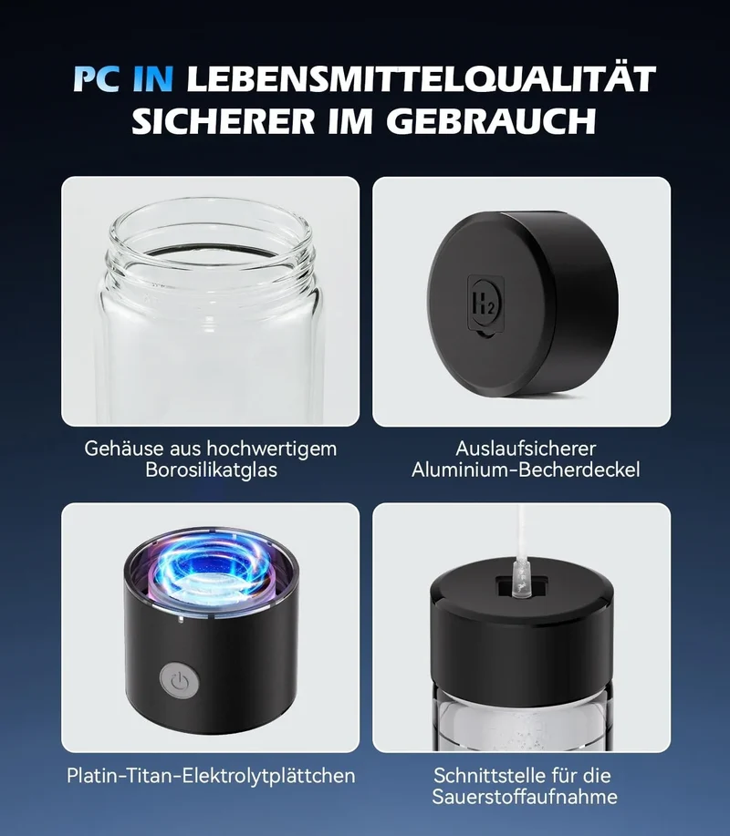 Wasserstoffflasche 450ml SPE PEM Wasserionisierer Borosilikatglas USB