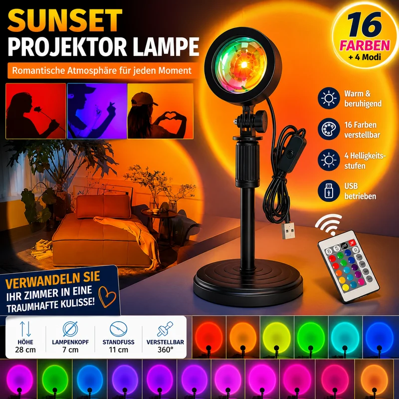 LED Sonnenuntergang Projektor RGB Lampe USB mit Fernbedienung Sunset Light