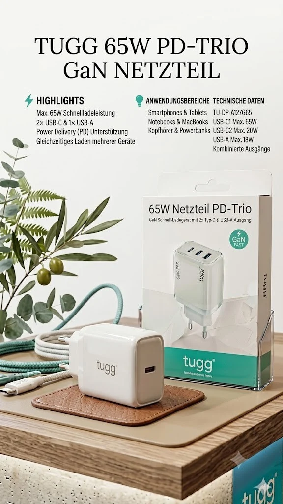 TUGG 65W USB C LadC Ladegerät Schnellladegerät PD Netzteil 2x USB-C USB-A Fast Charge