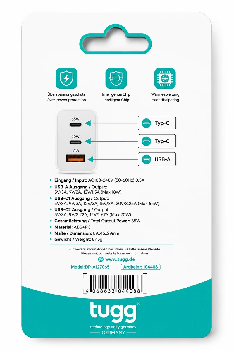 TUGG 65W USB C LadC Ladegerät Schnellladegerät PD Netzteil 2x USB-C USB-A Fast Charge