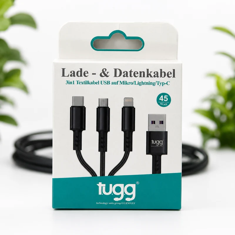 TUGG 3in1 USB Ladekabel 45W USB-C 8-Pin Micro USB 1,2m Textilkabel