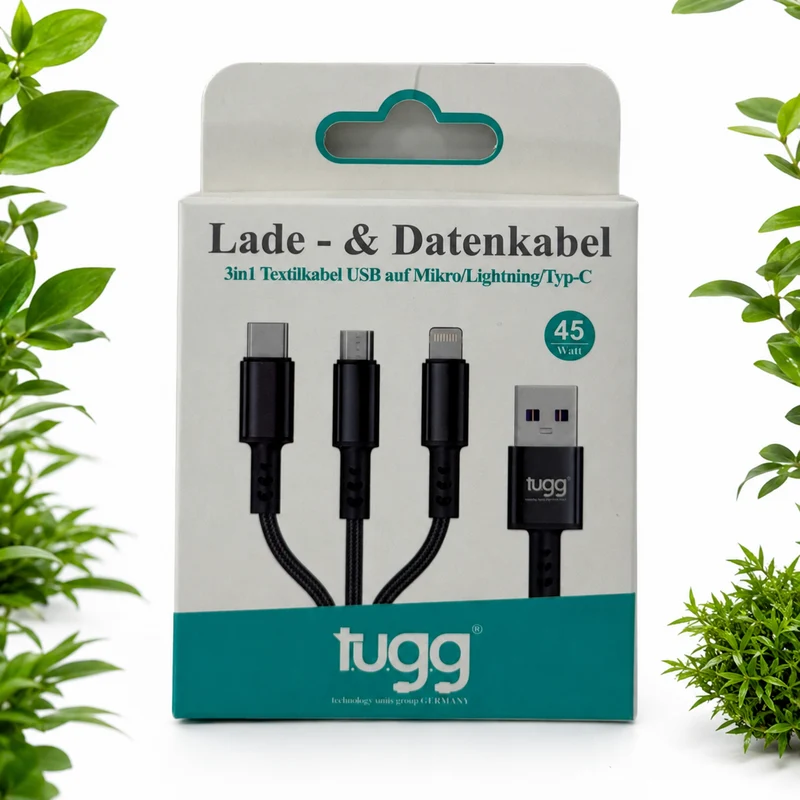 TUGG 3in1 USB Ladekabel 45W USB-C 8-Pin Micro USB 1,2m Textilkabel