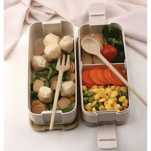 Lunchbox 750ml mit Besteck Brotdose Bento Box 2 Fächer Weizenstroh Beige