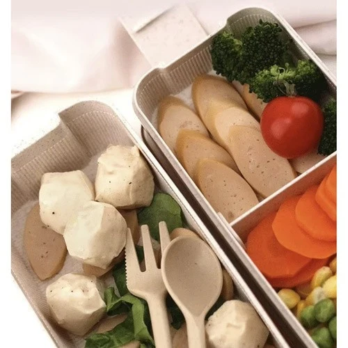 Lunchbox 750ml mit Besteck Brotdose Bento Box 2 Fächer Weizenstroh Beige