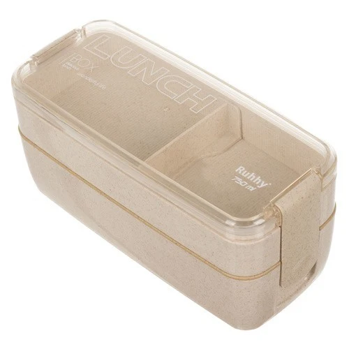 Lunchbox 750ml mit Besteck Brotdose Bento Box 2 Fächer Weizenstroh Beige