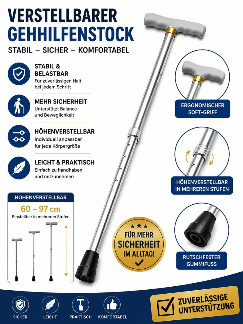 Verstellbarer Gehstock aus Aluminium 60–97 cm – Leichter Spazierstock mit ergonomischem Griff und 10-facher Höhenverstellung