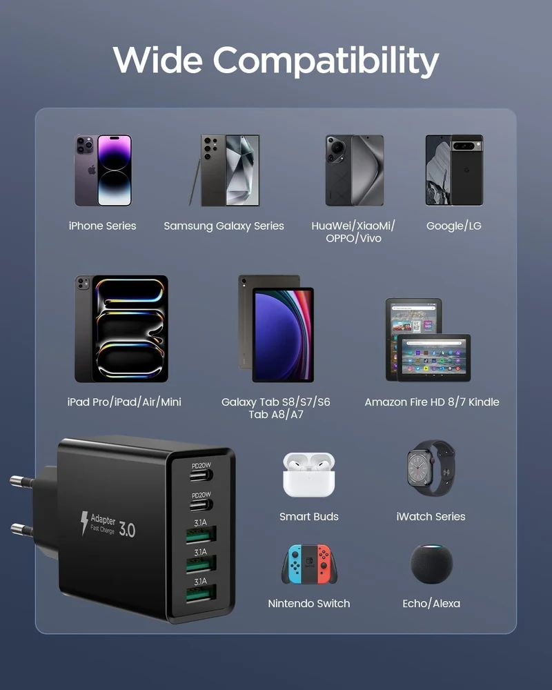50W 5-Port USB Ladegerät Schnellladegerät USB-C USB-A Netzteil Universal Adapter