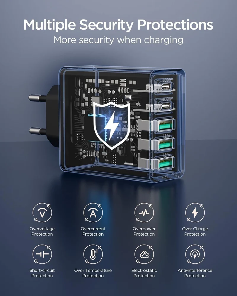 50W 5-Port USB Ladegerät Schnellladegerät USB-C USB-A Netzteil Universal Adapter