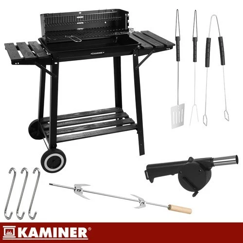 Holzkohlegrill Grillwagen mit Drehspieß Garten BBQ mit Ablage