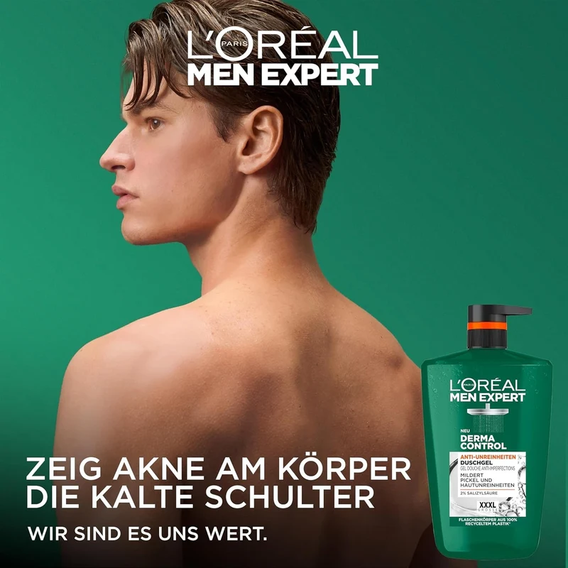 L'Oréal Men Expert XXXL Duschgel und Shampoo für Männer, Duschbad zur Reinigung von Körper, Haar und Gesicht, Herren Körperpflege für zu Unreinheiten neigende Haut, Derma Control, 1 x 1000 ml
