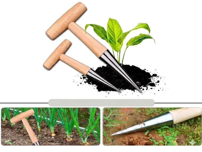 Pflanzdorn Blumenzwiebel Pflanzer Pflanzhilfe Holzgriff mit Skala Garten