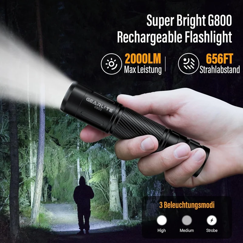 LED Taschenlampe 2000 Lumen USB C aufladbar Zoom Outdoor kompakt