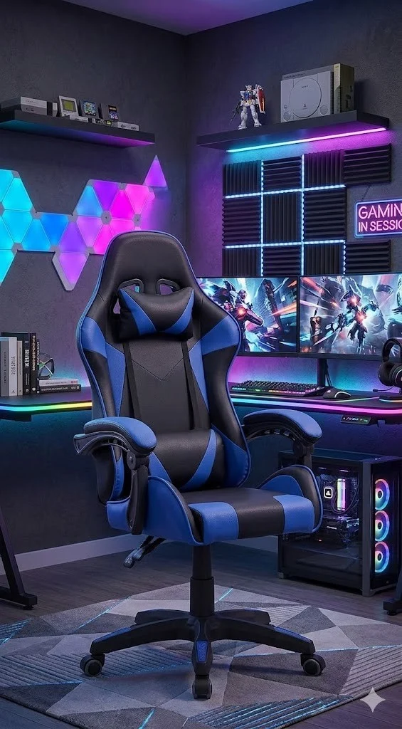 Gaming Stuhl Blau ergonomisch Bürostuhl mit Fußstütze Racing Stuhl