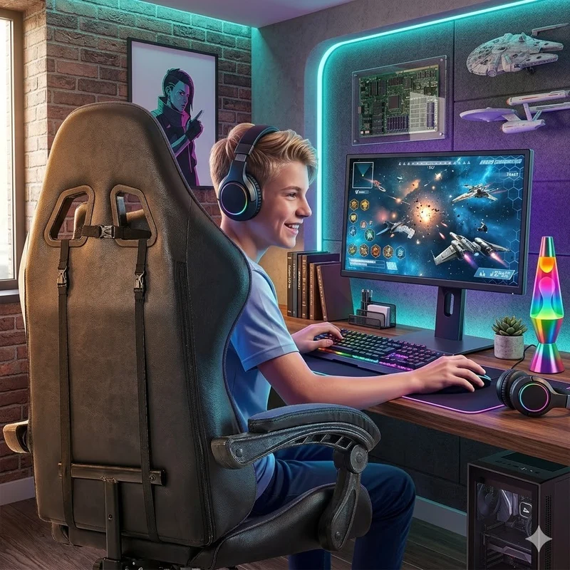 Gaming Stuhl Blau ergonomisch Bürostuhl mit Fußstütze Racing Stuhl