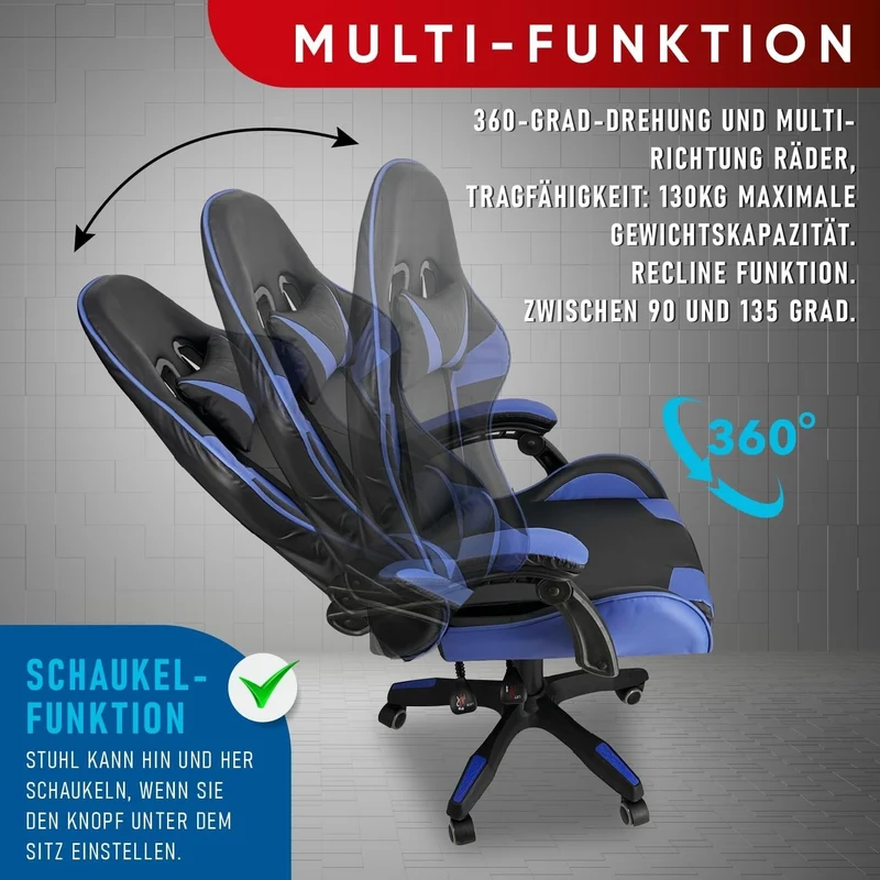 Gaming Stuhl Blau ergonomisch Bürostuhl mit Fußstütze Racing Stuhl