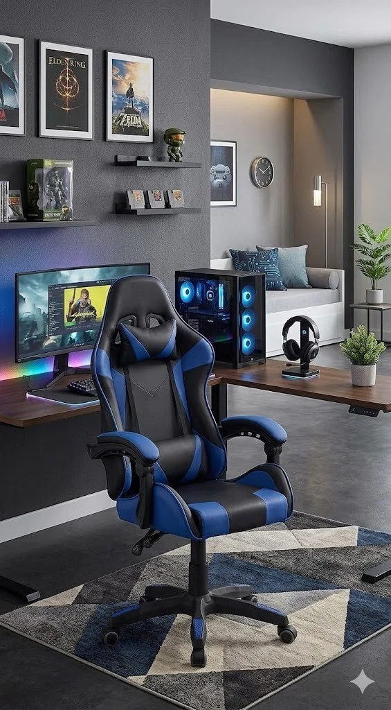 Gaming Stuhl Blau ergonomisch Bürostuhl mit Fußstütze Racing Stuhl