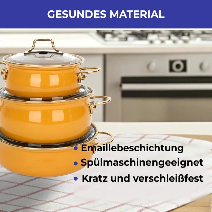 Kochtopf Set Emaille 3tlg 16 20 22cm Induktion Glasdeckel Senfgelb Topfset