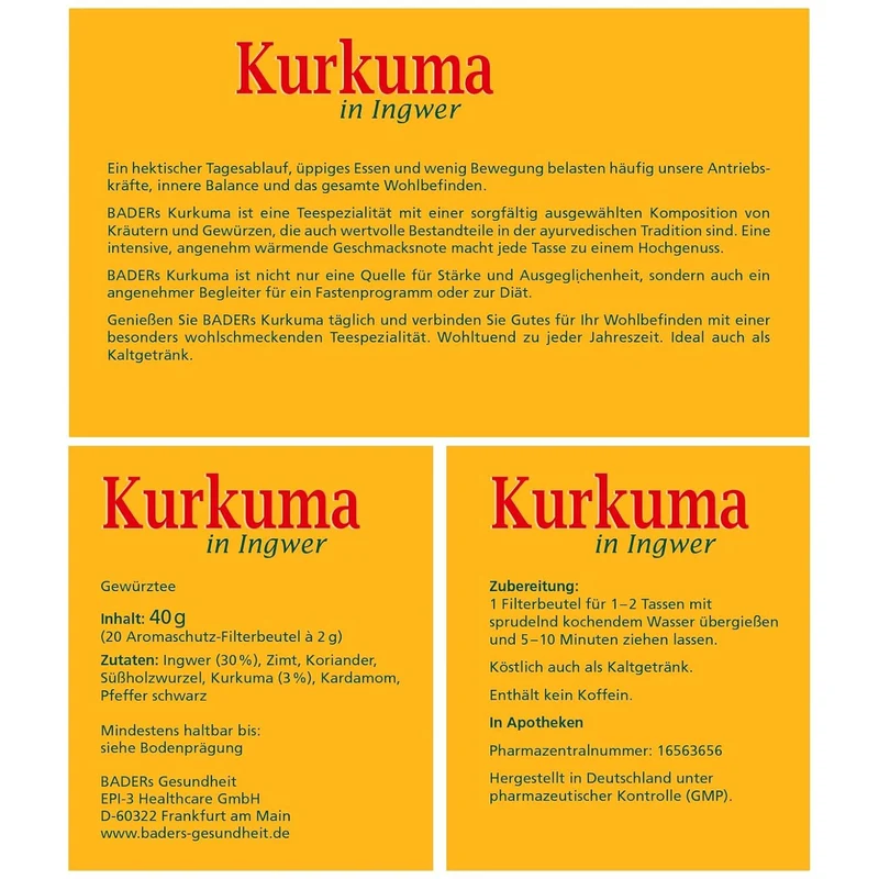 BADERs Kurkuma Ingwer Tee 20 Filterbeutel Ayurvedischer Gewürztee Apotheke