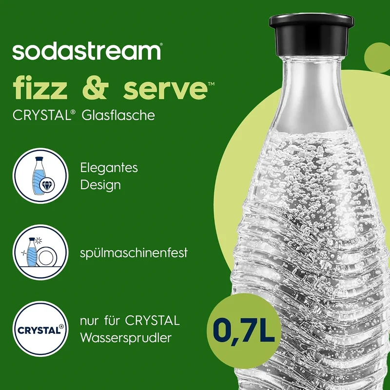 SodaStream CRYSTAL Glaskaraffe 2er-Pack – 0,7L Glasflaschen mit Schraubverschluss, spülmaschinenfest