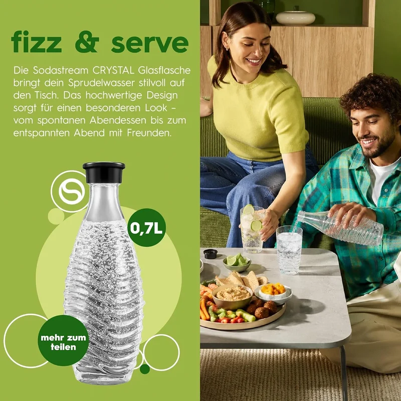 SodaStream CRYSTAL Glaskaraffe 2er-Pack – 0,7L Glasflaschen mit Schraubverschluss, spülmaschinenfest