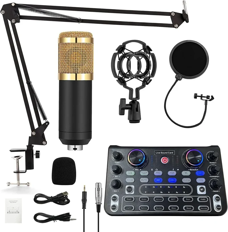 DJ Controller Set Soundkarte mit Mikrofon für PC Karaoke Podcast Streaming