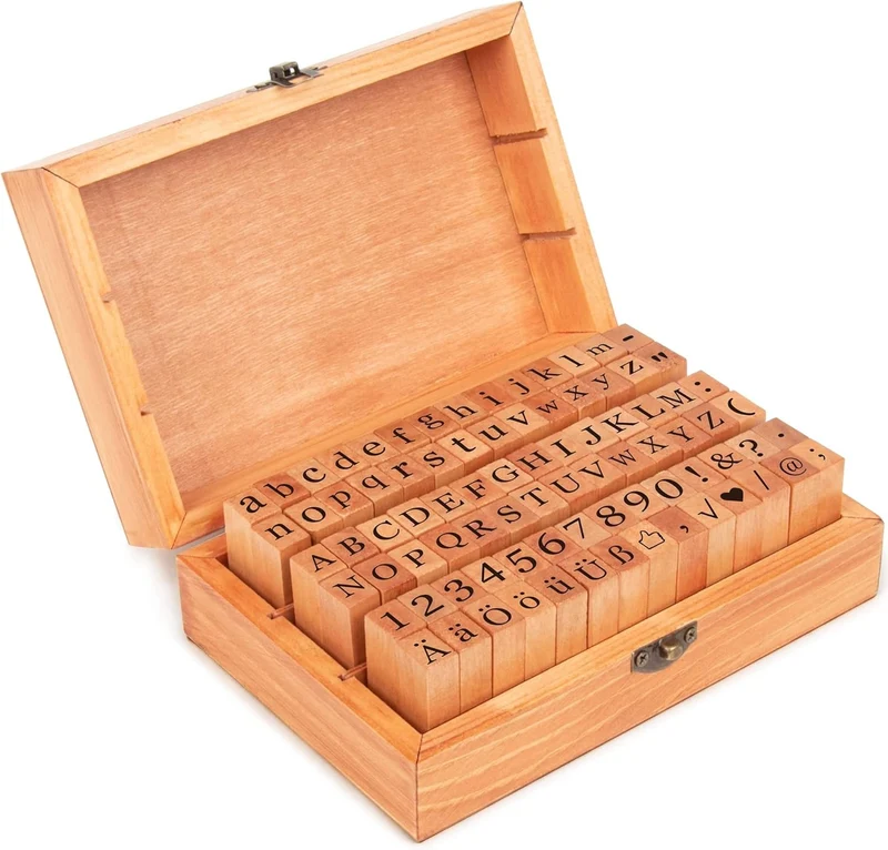 Alphabet Stempel Set 84 Stück Holz Vintage Buchstaben Zahlen Symbole mit Box