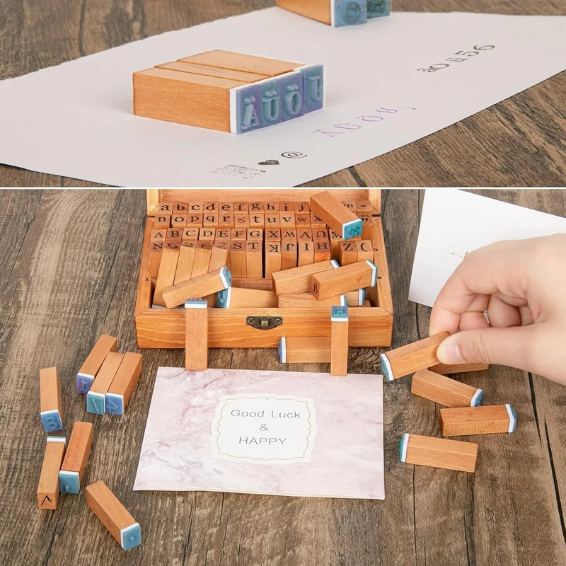 Alphabet Stempel Set 84 Stück Holz Vintage Buchstaben Zahlen Symbole mit Box