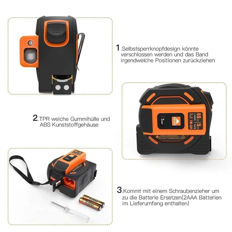 Tacklife TM-L01 Laser Messgerät 40m mit 5m Maßband Selbsthemmend HD-LCD Anzeige