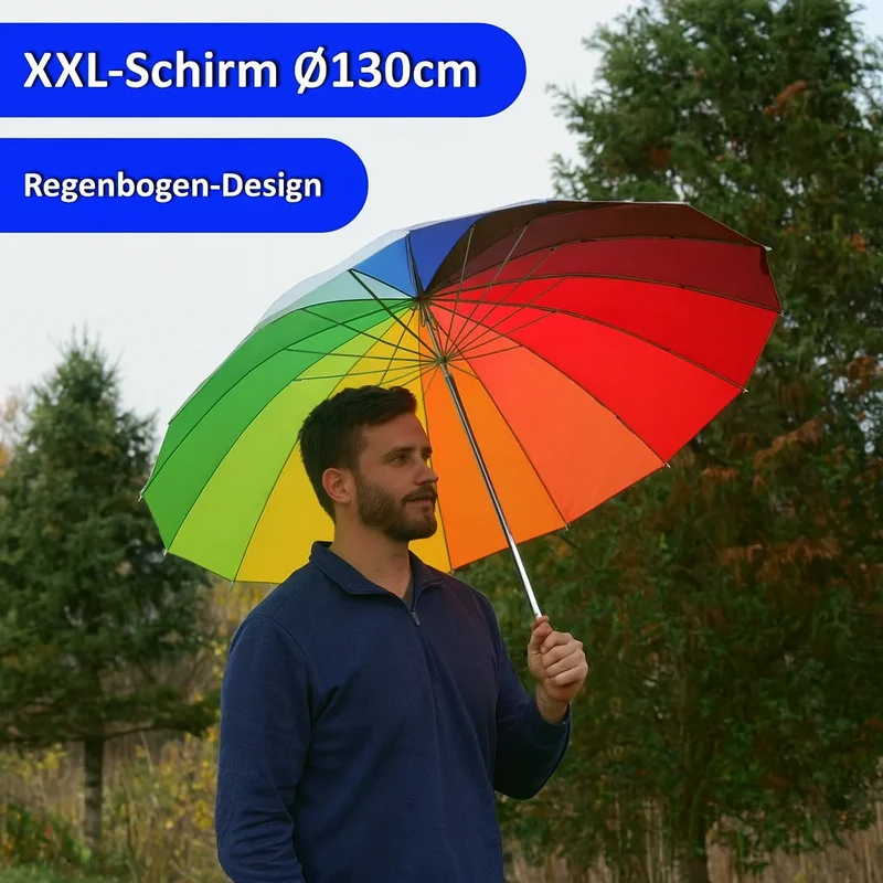Regenschirm XXL Regenbogen Stockschirm Partnerschirm 130cm groß Sturm Golfschirm