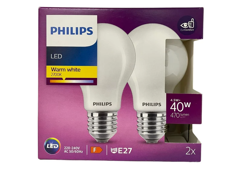 Philips LED E27 4,5W A60 Matt Warmweiß 2700K – 40W Ersatz, 470lm, 2er Set