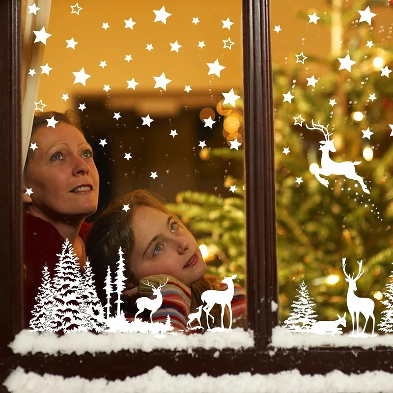 210 Stück Weihnachten Fensterbilder – Sterne, Weihnachtsbaum & Rentier, 9 Bögen, Elektrostatische Winter Fensterdeko, PVC