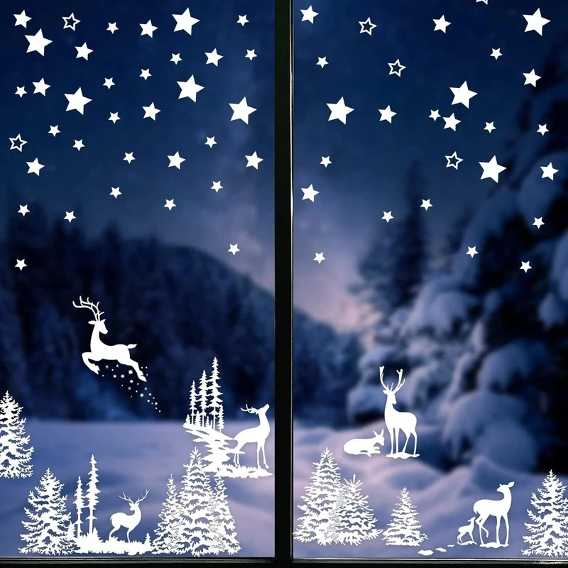 210 Stück Weihnachten Fensterbilder – Sterne, Weihnachtsbaum & Rentier, 9 Bögen, Elektrostatische Winter Fensterdeko, PVC