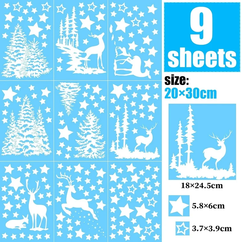 210 Stück Weihnachten Fensterbilder – Sterne, Weihnachtsbaum & Rentier, 9 Bögen, Elektrostatische Winter Fensterdeko, PVC