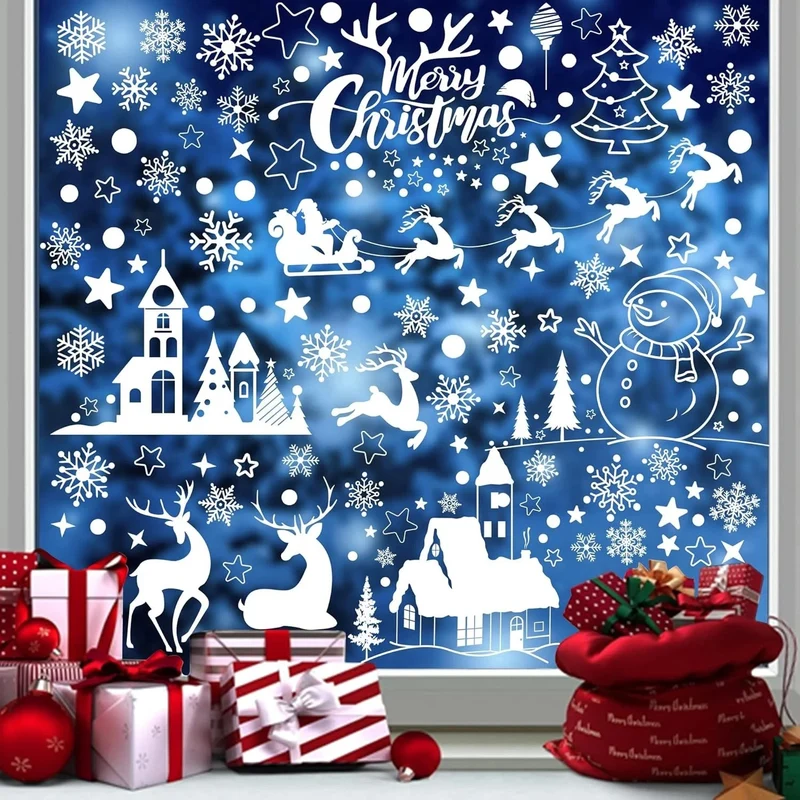 148 Stück Weihnachten Fensterbilder – Weiße selbstklebende & wiederverwendbare Fenstersticker, 9 Bögen, Winter- & Weihnachtsmotive